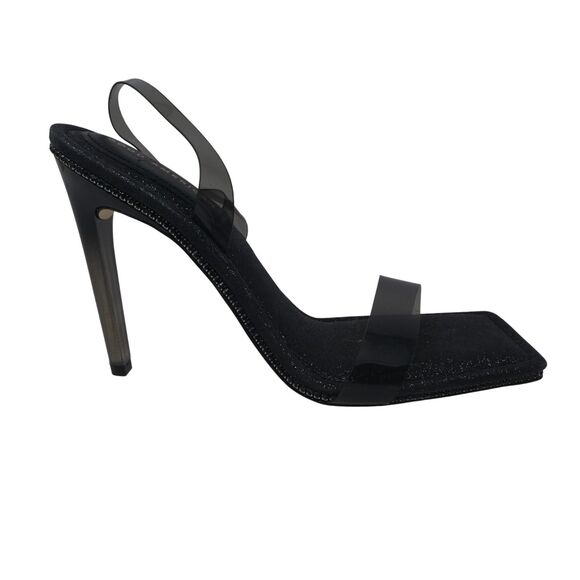 Good American Black Crystal Crush PVC Glitter Bling Open Square Toe Heels - Picture 2 of 12